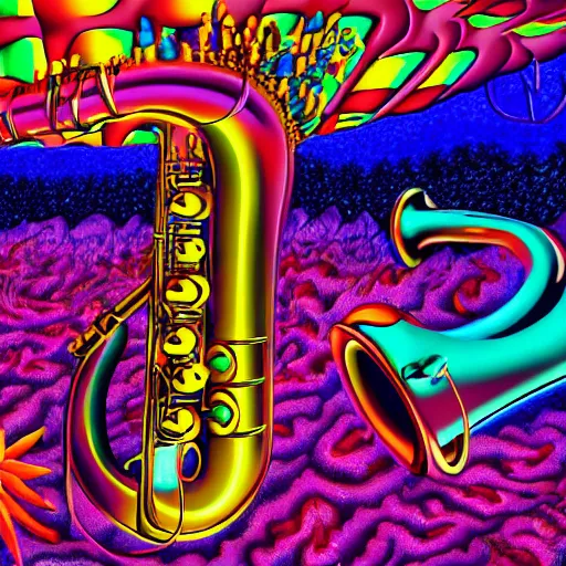 Image similar to Lisa Simpson falling into a giant saxophone, psychedelic art, uhd, matte painting