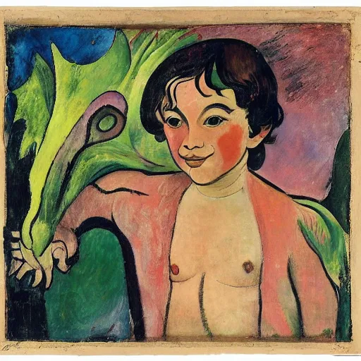 Prompt: rose by affandi, by suzanne valadon churning. a assemblage of a young boy disguised as a dragon. the boy is shown wearing a costume with dragon - like features, including a long tail, wings, & horns. he has a large grin on his face, suggesting that he is enjoying his disguise.