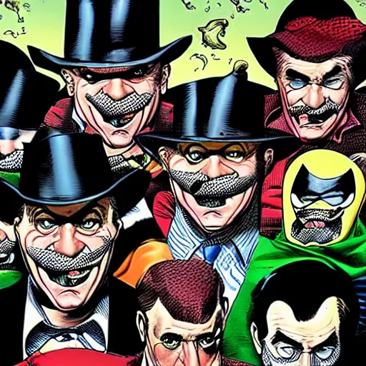 Prompt: drawing of 1 4 tiny jokers all in the mouth of gotham city's finest investigative reporter, 4 k art by brian bolland, graphic novel art