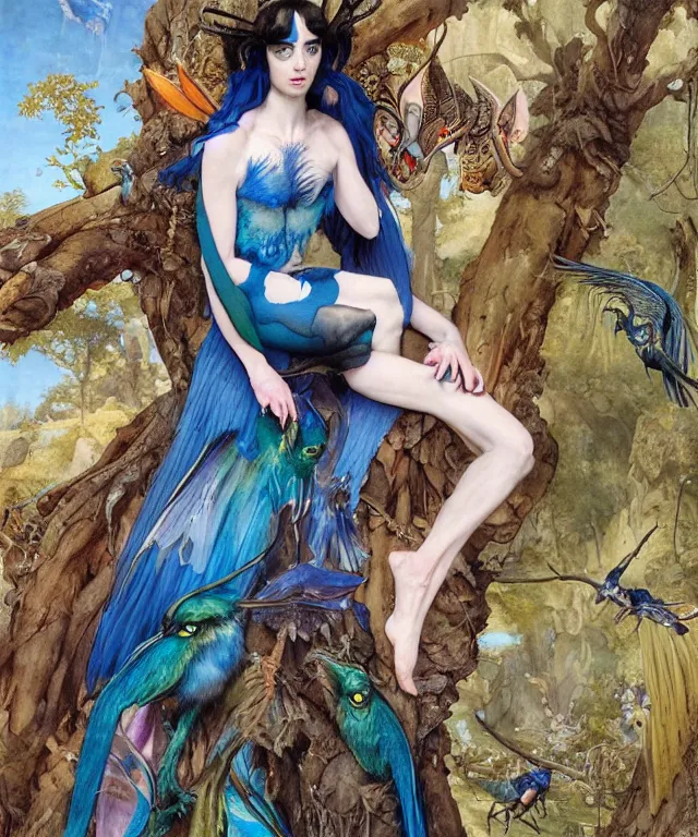 Prompt: a portrait photograph of a meditating fierce krysten ritter as a colorful harpy antilope super hero with blue skin with scales. she is being transformed into a tree. by donato giancola, hans holbein, walton ford, gaston bussiere, peter mohrbacher and brian froud. 8 k, cgsociety, fashion editorial