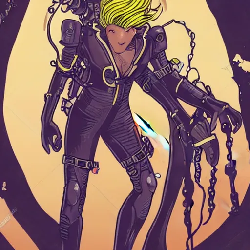 Prompt: comic book page of retrofuture tattooed stoic heroic emotionless dirty butch blonde woman engineer with very short messy dirty hair, full body, fighting in an alien arena, tentacles, rough paper, sci fi, behance hd