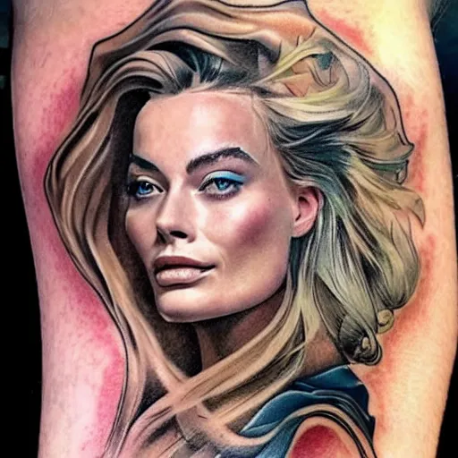 Image similar to face morph tattoo design sketch of margot robbie blended with beautiful mountain scenery, in the style of matteo pasqualin, amazing detail