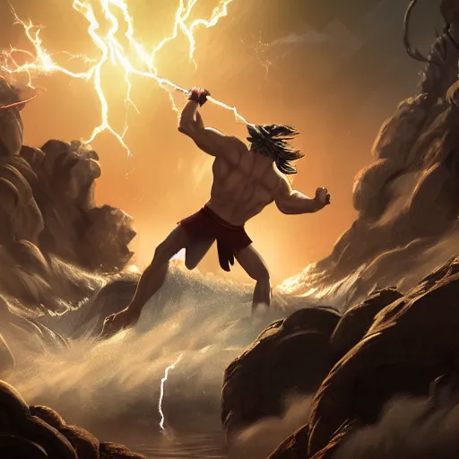 Prompt: Zeus fighting giants by throwing lightning, by Alex flores, key art, 4k, splash art