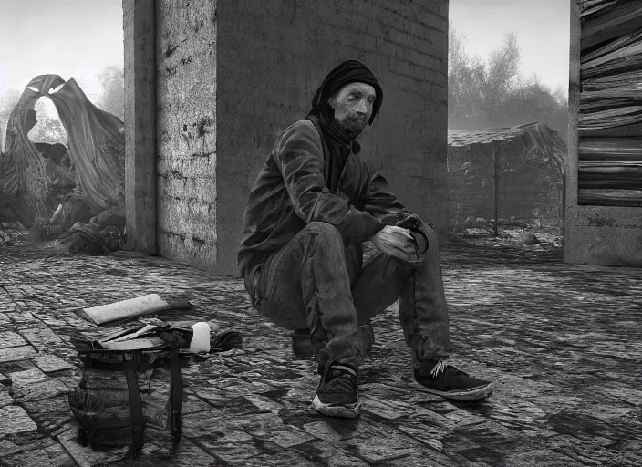 Prompt: hyper detailed portrait of starving homless man dslr by don mccullin, unreal engine 5, lumen, nanite