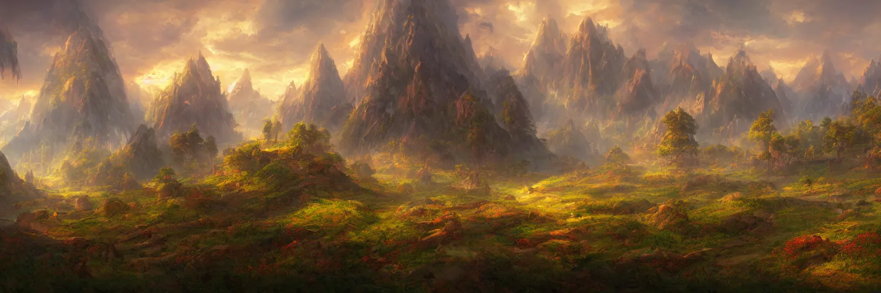 Prompt: a beautiful fantasy landscape painting of a naya panorama. magic the gathering land art by john avon and marc simonetti and Mark Keathley, trending on artstation hq 8k