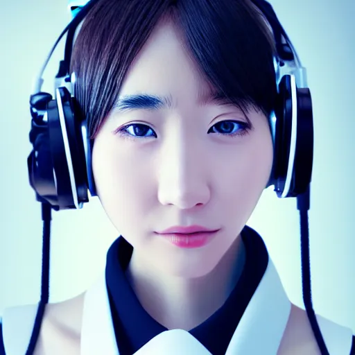 Image similar to stunning photorealistic portrait of cute cyber punk high school girl from Japan. she is wearing heavy complicated future headsets. award winning, taken by canon 5d mk4, art lens, perfect lighting