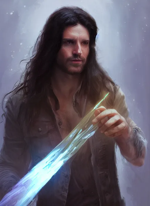 Prompt: portrait of a man with long black hair in brown rags holding a glowing device, fantasy, digital painting, volumetric light, intricate, sharp, focus, bloom, illustration, highly detailed, concept art, matte, ruan jia, randy vargas, greg rutkowski