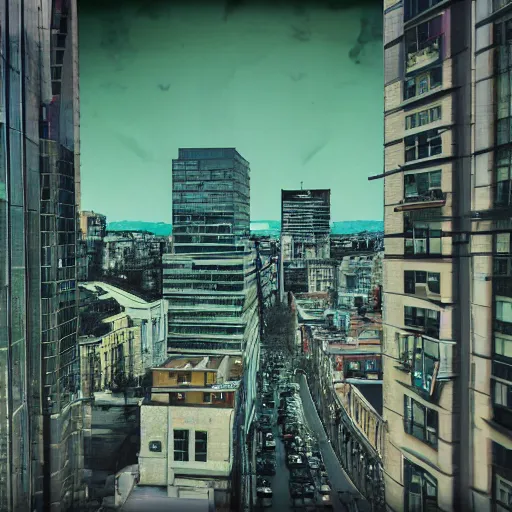 Prompt: <photograph accurate=true quality=very-high>looking out the window at a busy city street</photograph><augment>green sky</augment>