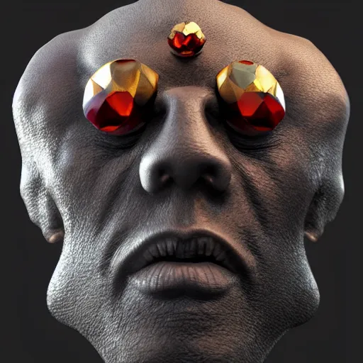 Prompt: a 3 d render of a gemstone in the shape of a king with dark gloomy eyes, realistic, artstation, cg