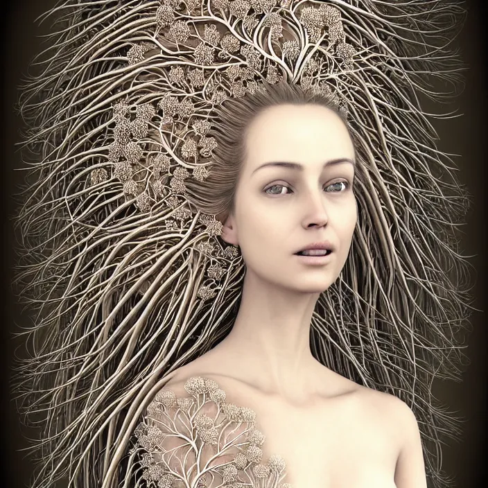 Image similar to Portrait of a beautiful woman like a queen-roots-angel, dressed in long elegant intricate ornamental roots white dress, natural skin tone, intricate mandelbrot fractal highly detailed roots ornament in the upper side of breast, bust with a very long neck , hair are wired roots, elegant, highly detailed intricate roots ornament in her long hair, Realistic, Refined, Highly Detailed, natural lighting colors scheme, fine art photography by Flora Borsi, volumetric lighting, hyper realistic photography, 8k