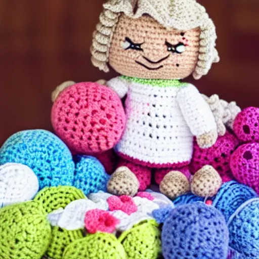 Image similar to product image of a cute crochet grandma made of crochet who's making a crochet. high resolution