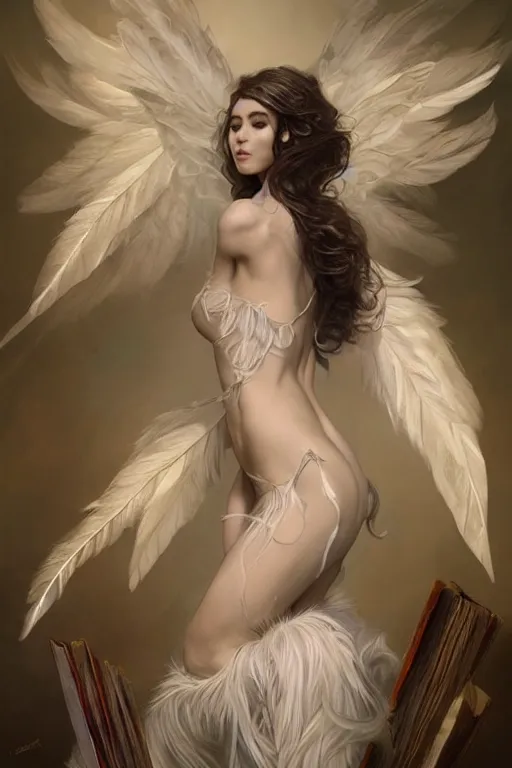 Image similar to beautiful ghost model wearing crystal white feathers, holding books, queen of storytelling, diamonds, angel, fantasy, dramatic lighting, highly detailed, digital painting, magic the gathering, hyper detailed, 3 d render, hyper realistic detailed portrait, peter mohrbacher, wlop, ruan jia