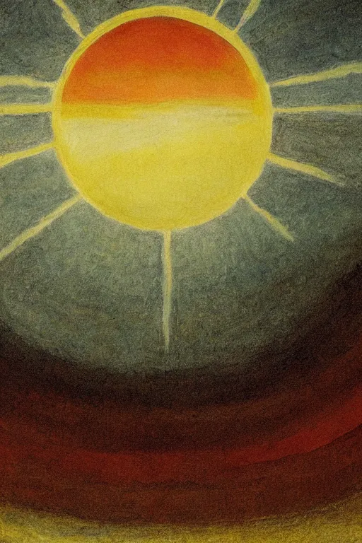 Image similar to painting of a plain landscape with large red sun at the top in the style of william blake