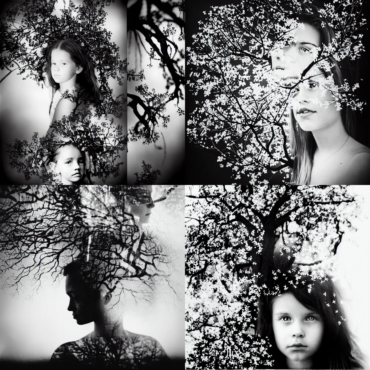 Prompt: double exposure portrait photography of girl with branches of tree. black and white. ilford delta. leica mp