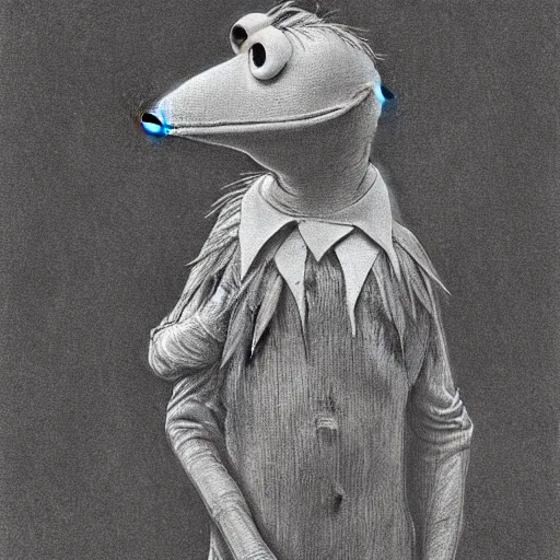 Image similar to Kermit the Frog from Sesame Street by Gustave Dore, full body grayscale drawing