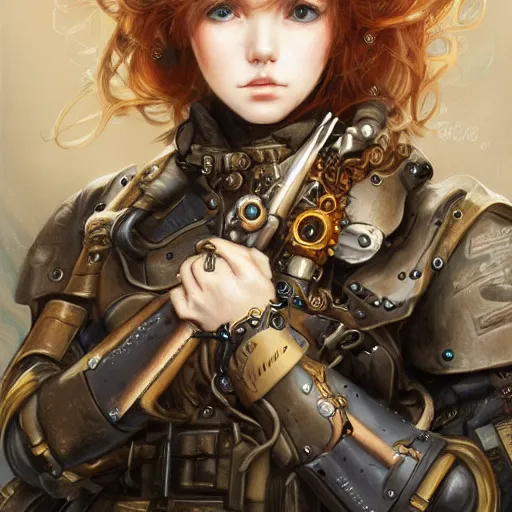 Image similar to portrait of a girl by ayami kojima, scottish, she is about 2 0 years old, wavy redhead, annoying little sister vibes, she is wearing a steampunk tactical gear, highly detailed portrait, digital painting, artstation, concept art, smooth, sharp foccus ilustration, artstation hq