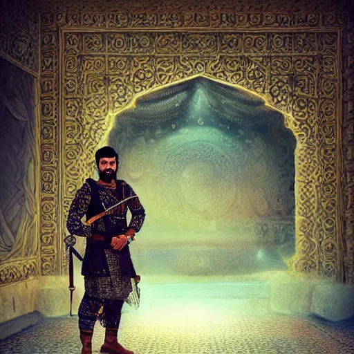 Image similar to “ full body, afghan warrior, an afghan male type, standing in - front of an afghan castle, highly intricate detailed, light and shadow effects, intricate, highly detailed, digital painting, art station, concept art, smooth, sharp focus, illustration, advanced digital art, atmospheric lighting, detailed face, 8 k, hq ”