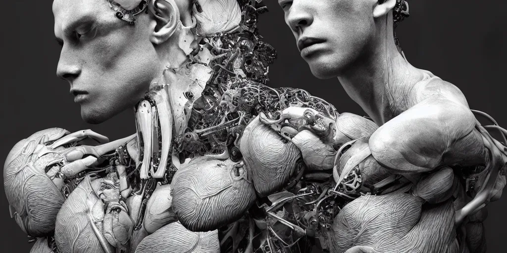Image similar to hyper realistic photography of a stunningly beautiful cyborg male, intimately holding close, in the style of beth cavener, jin kagetsu, and wlop, highly detailed, intricate filigree, symmetry, masterpiece, award winning, sharp focus, concept art, highkey lighting, ambient lighting, octane render, 8 k, artstation