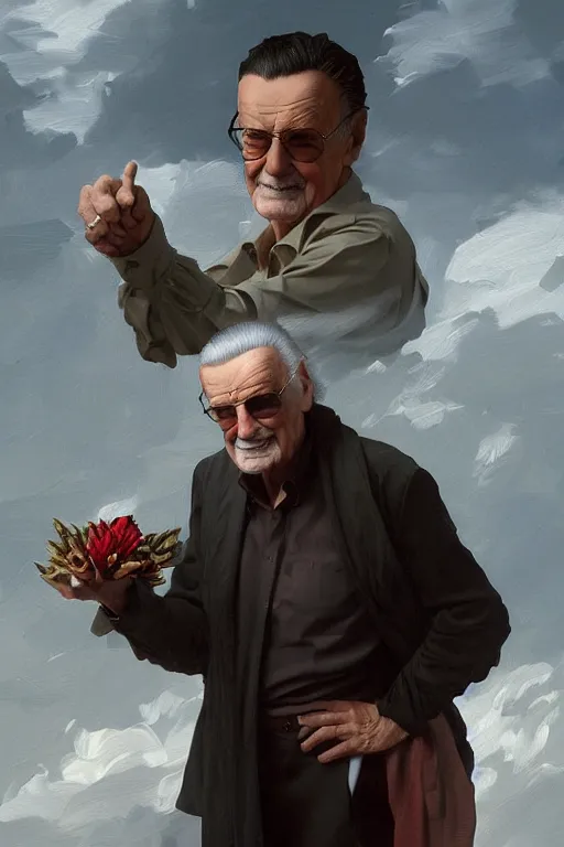 Prompt: full figure Stan Lee on a caravaggio cloudy background, intricate, elegant, highly detailed, artstation, concept art, smooth, sharp focus, illustration, , digital art from artstation, digital art from deviantart, by Stjepan Sejic, Ruan Jia, and Mandy Jurgens, and Artgerm, and william adolphe bouguereau