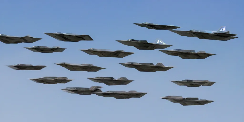 Image similar to an infinite convoy line of F-22's in the sky , extreme wide shot, infinite regression