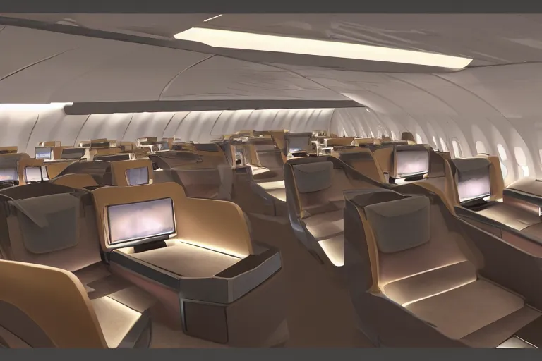 Prompt: concept art for a futuristic luxury business class suite in a widebody jet, two aisles, earth tones, digital painting, artstation