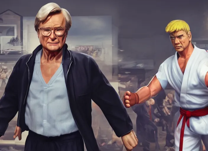 Image similar to action shot of ken barlow from coronation Street as ryu from Street fighter, ultra realistic, detailed, cinematic, unreal engine, concept art, digital art,