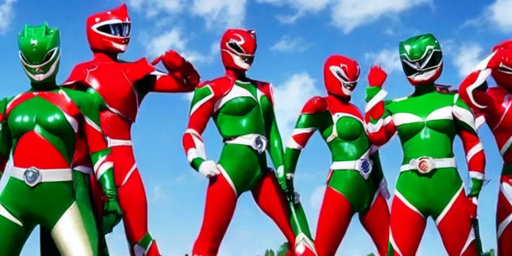 Image similar to realistic scene of red and green power rangers in war, ultra realistic, 8 k