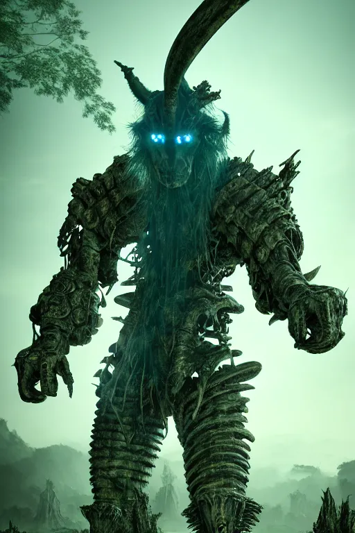 Prompt: post - gothic giant muscular humanoid chimera, exoskeleton armor, holding katana, dystopian ruins covered in vegetation, highly detailed smooth digital art masterpiece, vitaly bulgarov giger dramatic dark teal light, ground angle hd 8 k, sharp focus