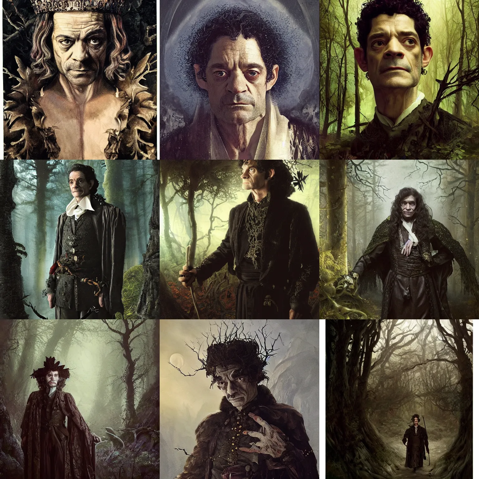 Prompt: portrait of mournful, dangerous, mysterious James Frain's Cromwell as a king of the fairy forrest. The background is a dark, creepy eastern europen forrest. night, horroristic shadows, high contrasts, lumnious, theatrical, character concept art by ruan jia, thomas kinkade, and J.Dickenson, trending on Artstation
