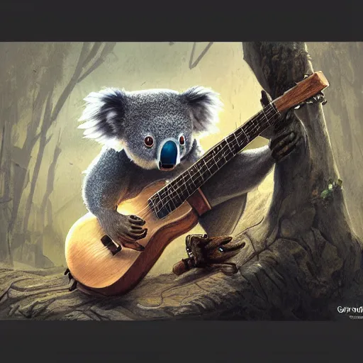 Prompt: Koala playing a guitar, highly detailed, fantasy art, in the style of greg rutkowski, illustration, epic, fantasy, intricate, hyper detailed, artstation, concept art, smooth, sharp focus, ray tracing