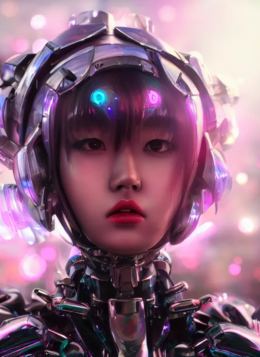 Image similar to a highly detailed portrait of a kpop idol female mecha in spiked cyberpunk bioarmor trending on artstation by yoshitake amano, holographic undertones, 3 d cg, octane rendered, futuristic, 2 k aesthetic, dramatic lighting, 4 k, highly saturated colors