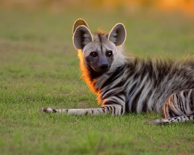 Image similar to striped hyena laying in between the green in savannah, sunset, far - shot