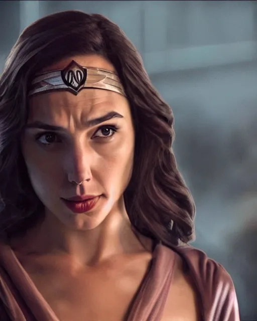 Prompt: gal gadot actress from death on the nil portraying a beautiful jaina solo from star wars legends, beautiful gal gadot jaina solo in a jedi robe, movie, hyper realistic, hollywood promotional image, imax, 8 k