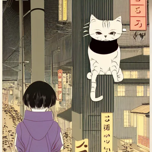 Image similar to a cat in tokyo by inio asano, beeple and james jean, aya takano color style, 4 k, super detailed, modern, 4 k, symmetrical