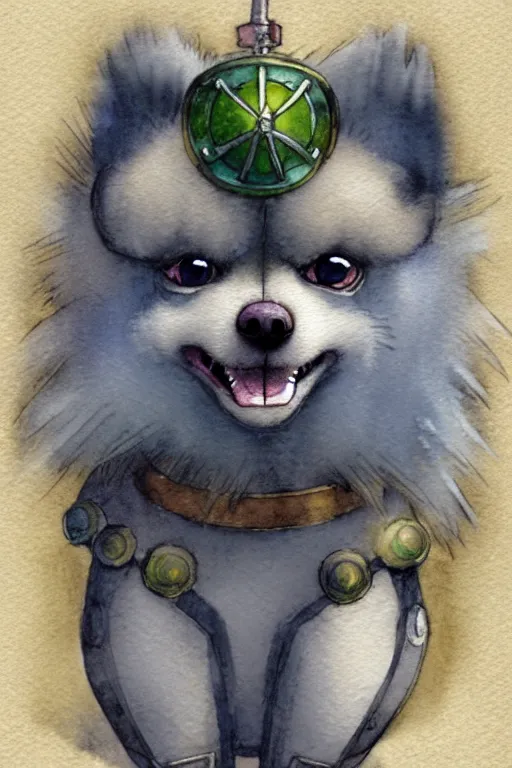 Image similar to a simple and atmospheric watercolour fantasy character concept art portrait of a robotic pomeranian as a druidic warrior wizard looking at the camera with an intelligent gaze, very muted colors, by studio ghibli