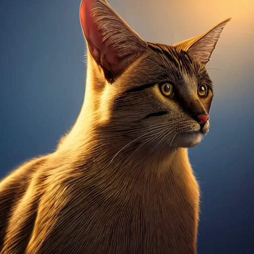 Image similar to egyptian cat, golden hour, fantasy, sharp focus, digital art, hyper realistic, 4 k, unreal engine, highly detailed, hd, dramatic lighting by brom, trending on artstation