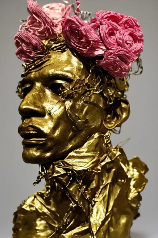 Image similar to papercraft scene made entirely of pipecleaners and crumpled foil of Jean-Michel Basquiat as a full-body bronze baroque statue of Icarus in the posing like a bird for flight, crown of peach roses, flowing pink-colored silk, fabric, flowers. baroque elements, human skull. full-length view. baroque element. intricate artwork by caravaggio. many many birds birds on background. Trending on artstation, octane render, cinematic lighting from the right, hyper realism, octane render, 8k, depth of field, 3D