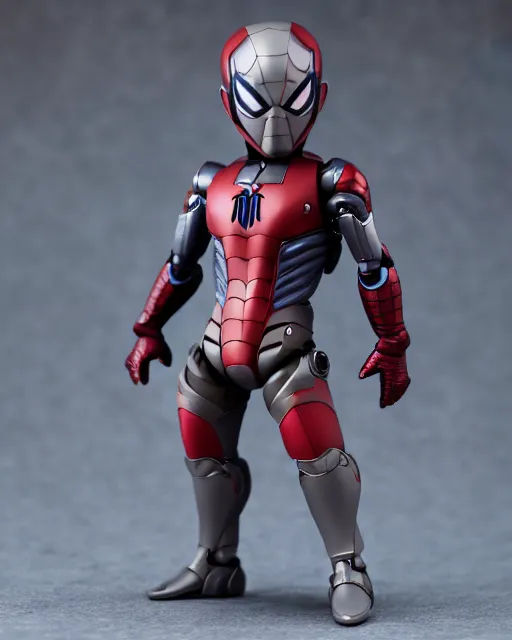 Prompt: full body of armored spiderman ultraman gray fox from metal gear cyborg gay japanese - american hybrid as overwatch character as a nendoroid, studio lighting, grey background, no shadow, trending on artstation, 8 k, highly detailed