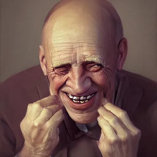 Image similar to Old man smiling to camera evil, portrait artwork by Sergey Kolesov, arstation,