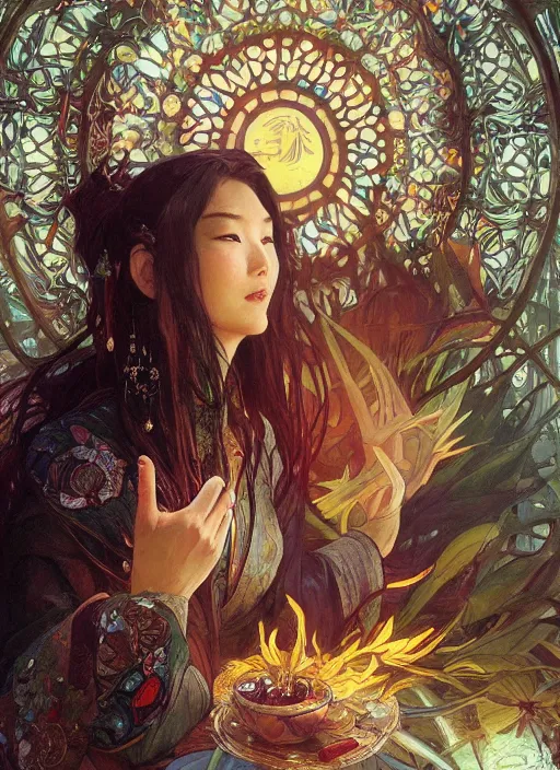 Prompt: oriental witch in elder ring by stanley artgerm lau, greg rutkowski, thomas kindkade, alphonse mucha, loish, norman rockwel