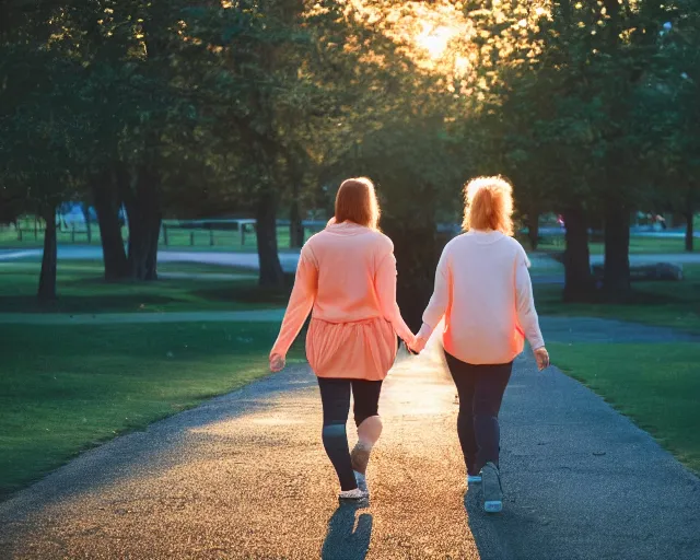 Prompt: an adorable lesbian couple holding hands and walking through the park at golden hour, 7 0 mm zoom lens, atmospheric lighting