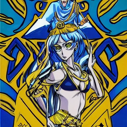 Image similar to a jojo's bizarre adventure manga artstyle drawing : Marie the mother of Jesus dressing blue and yellow next to the pyramids