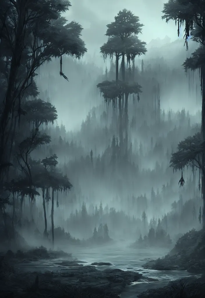 Image similar to forgotten society of tribal natives, large evil totems, gloomy sparse forest surrounding the blood rivers flowing through beach, visual novel key visual, award - winning digital art on pixiv, trending on artstation - cinematic lighting, dramatic lighting, stunning and beautiful scenery - highly detailed, hyperrealistic, unreal engine 5, in the style of kingdom hearts