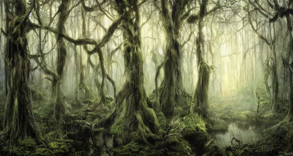 Image similar to A dense and dark enchanted forest with a swamp, by Rob Hefferan