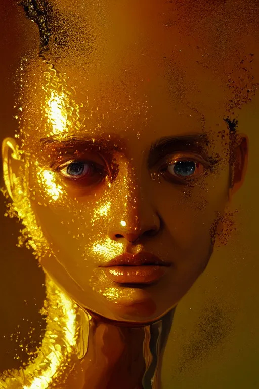 Prompt: 3 d, close - up, frowning fashion model, liquid gold, morning, sun rays, vogue cover style, poster art, hyper detail, intricate oil painting, multiple exposure, hell mood, 3 d, by tooth wu and wlop and beeple and greg rutkowski