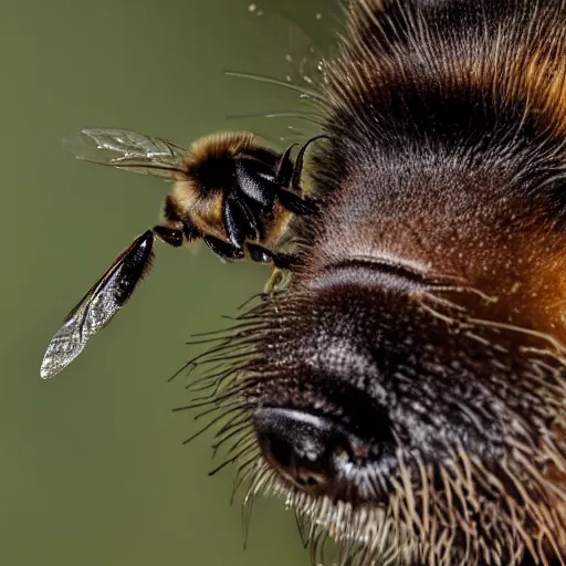 Prompt: macro photography of a landing of a bee on a high detailed dog's nose. pollen on the nose. contest winning photography. 8 k. hyper - realistic