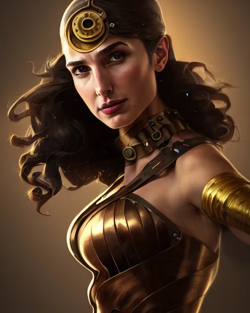 Prompt: steampunk portrait of gal gadot, au naturel, hyper detailed, digital art, trending in artstation, cinematic lighting, studio quality, smooth render, unreal engine 5 rendered, octane rendered, art style by klimt and nixeu and ian sprigger and wlop and krenz cushart.