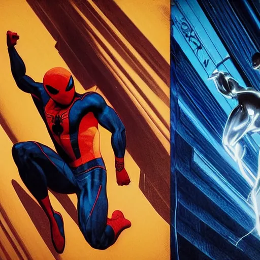 Image similar to ryan reynolds as a black and blue suit spider - man, cinematic, volumetric lighting, f 8 aperture, cinematic eastman 5 3 8 4 film, photorealistic by greg rutkowski, by stanley artgerm, by alphonse mucha