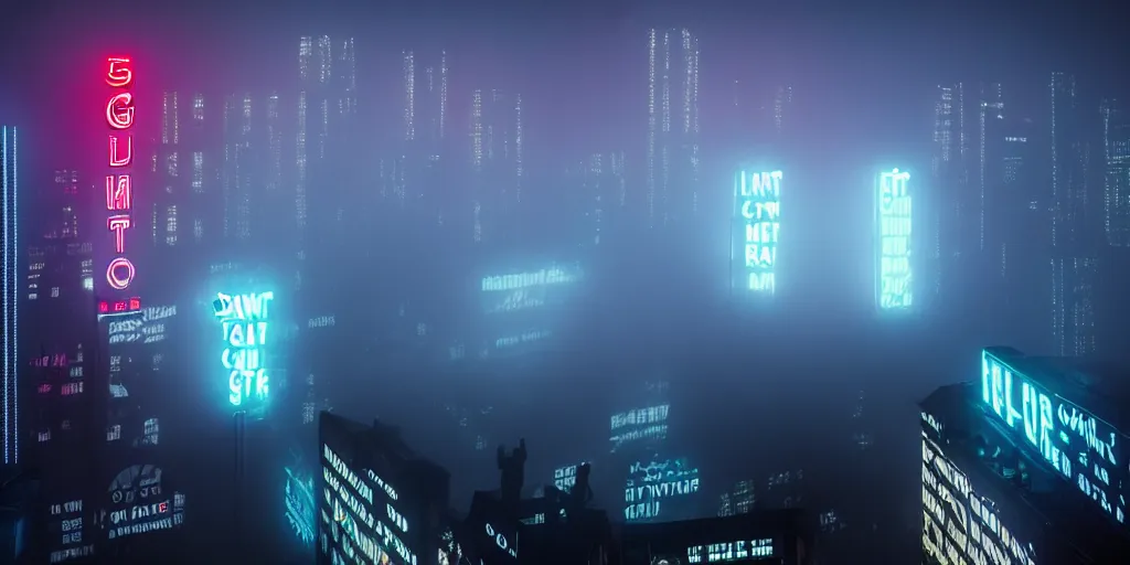 Image similar to giant illuminated advert screens, eerie fog, megacity streets seen from above, neon signs, blade runner, ex machina