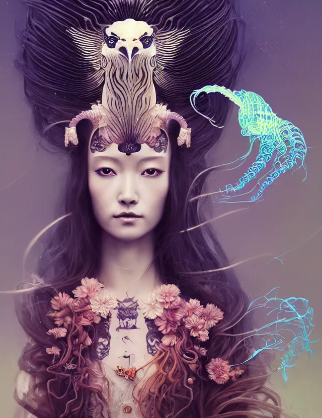 Image similar to 3 d goddess half - turn portrait with long hair with ram skull. beautiful intricately detailed japanese crow kitsune mask and clasical japanese kimono. betta fish, jellyfish phoenix, bio luminescent, plasma, ice, water, wind, creature, artwork by tooth wu and wlop and beeple and greg rutkowski